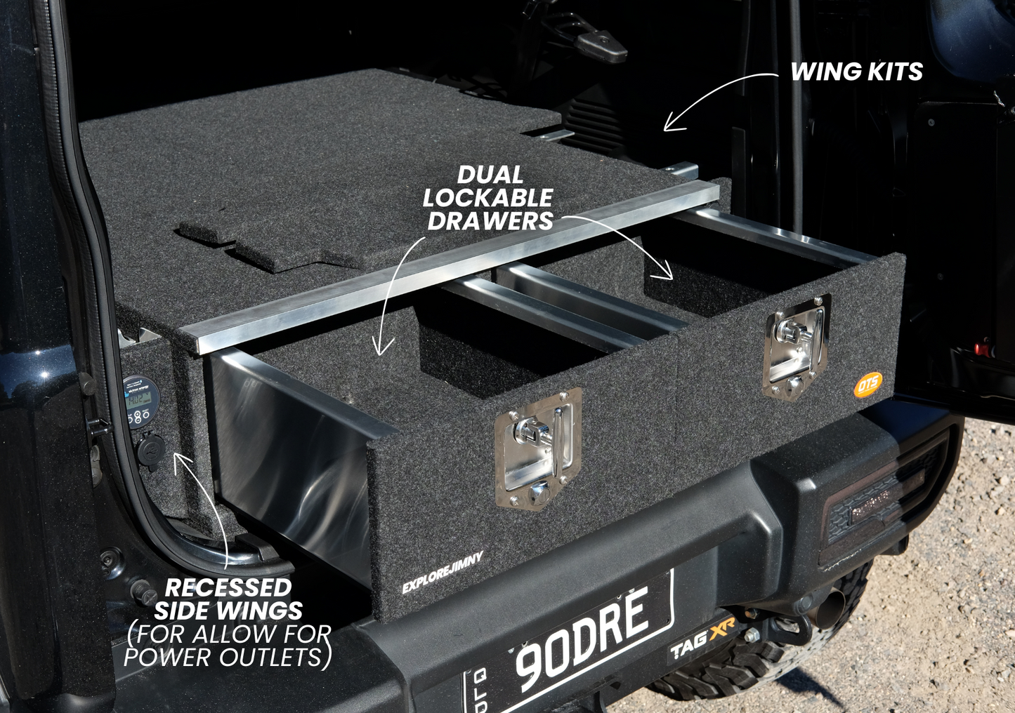 Suzuki Jimny XL Drawer System and Wing Kit with dual lockable drawers and recessed side wings installed in vehicle rear