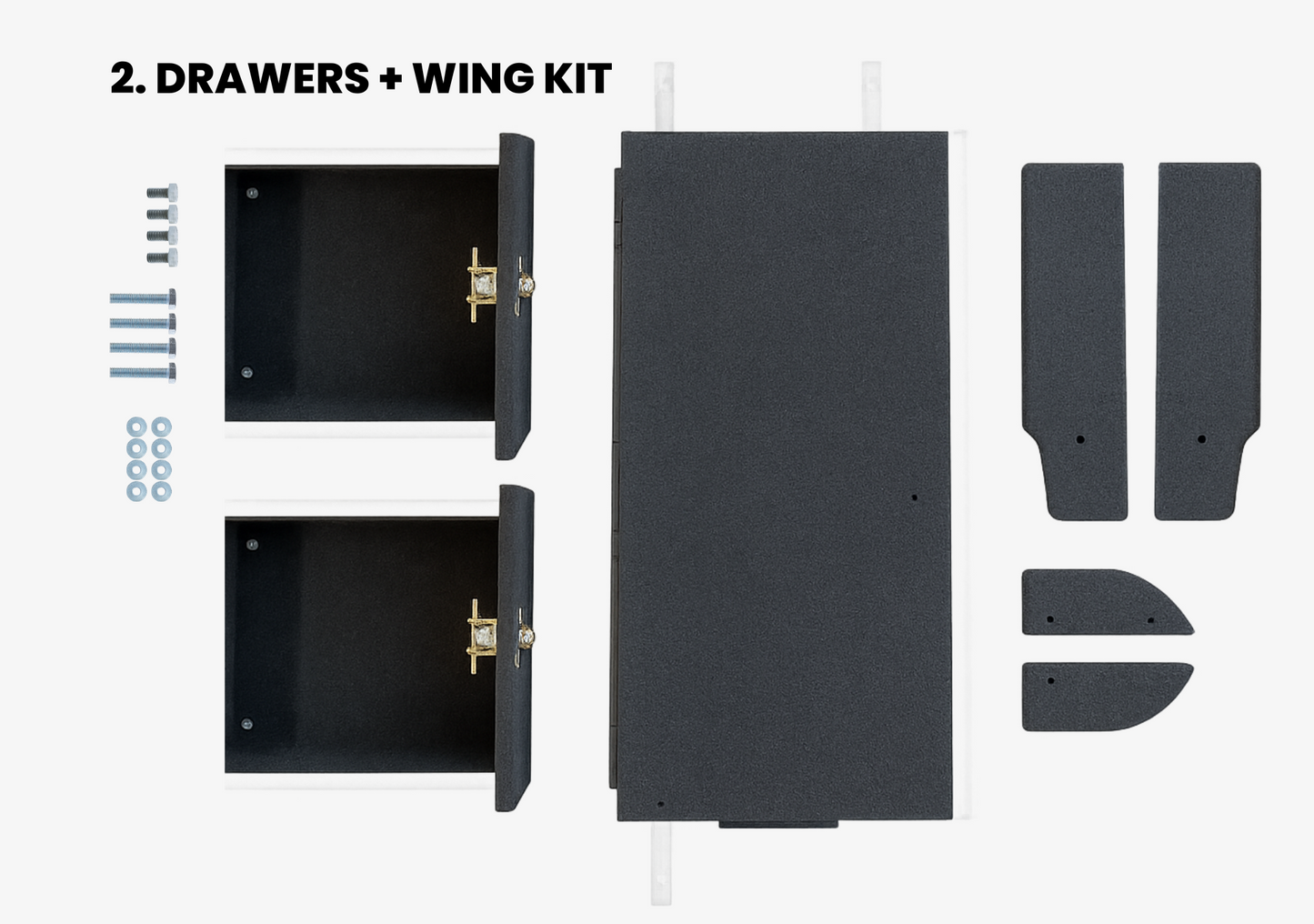 Suzuki Jimny XL Drawer System and Wing Kit black storage drawers and side panels with hardware from EXPLOREJIMNY