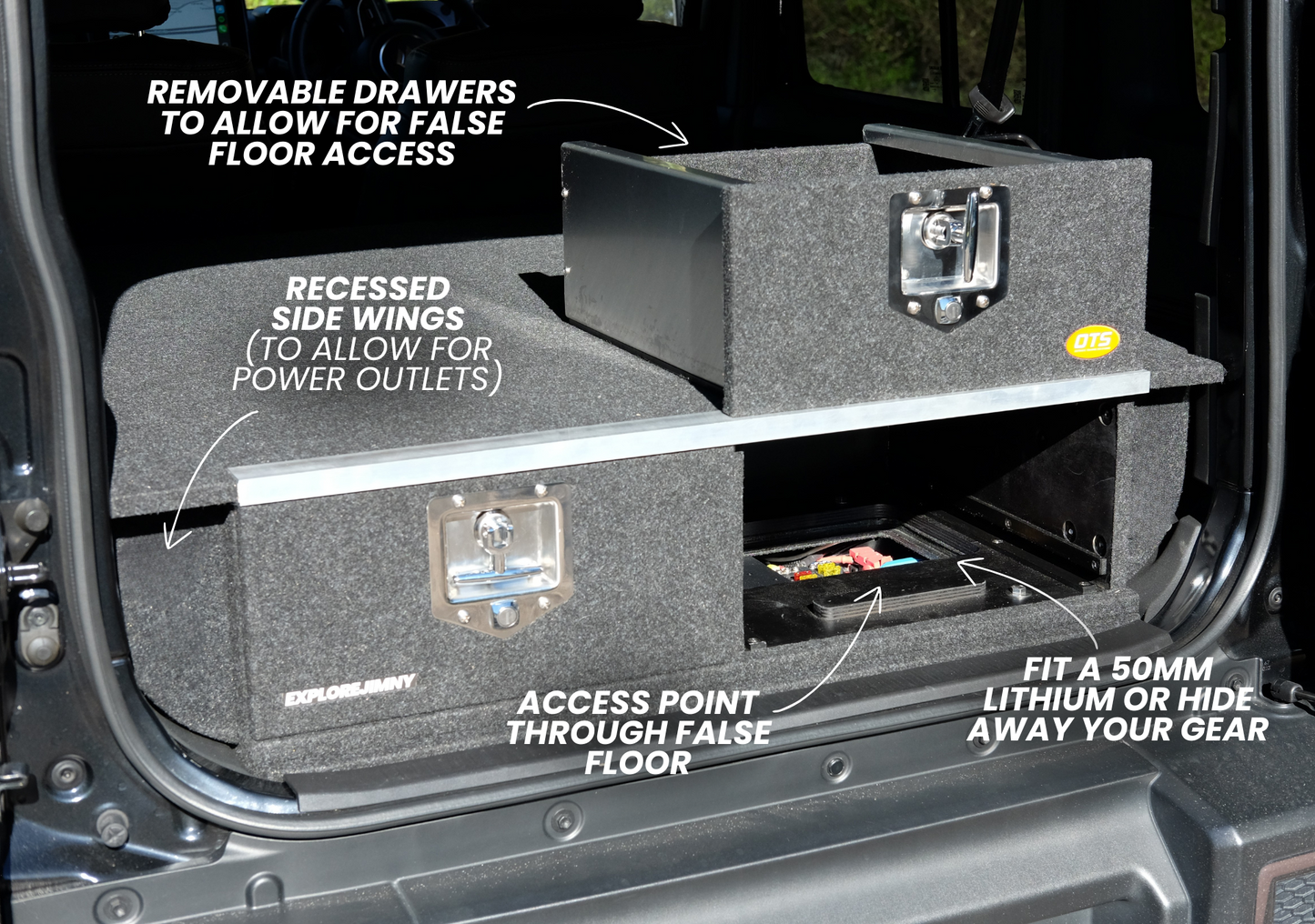 Suzuki Jimny XL Drawer System and Wing Kit with removable drawers and recessed side wings for power outlets