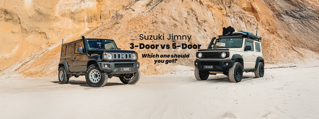Suzuki Jimny 3-door and 5-door models parked side by side in rocky outdoor terrain comparing both versions