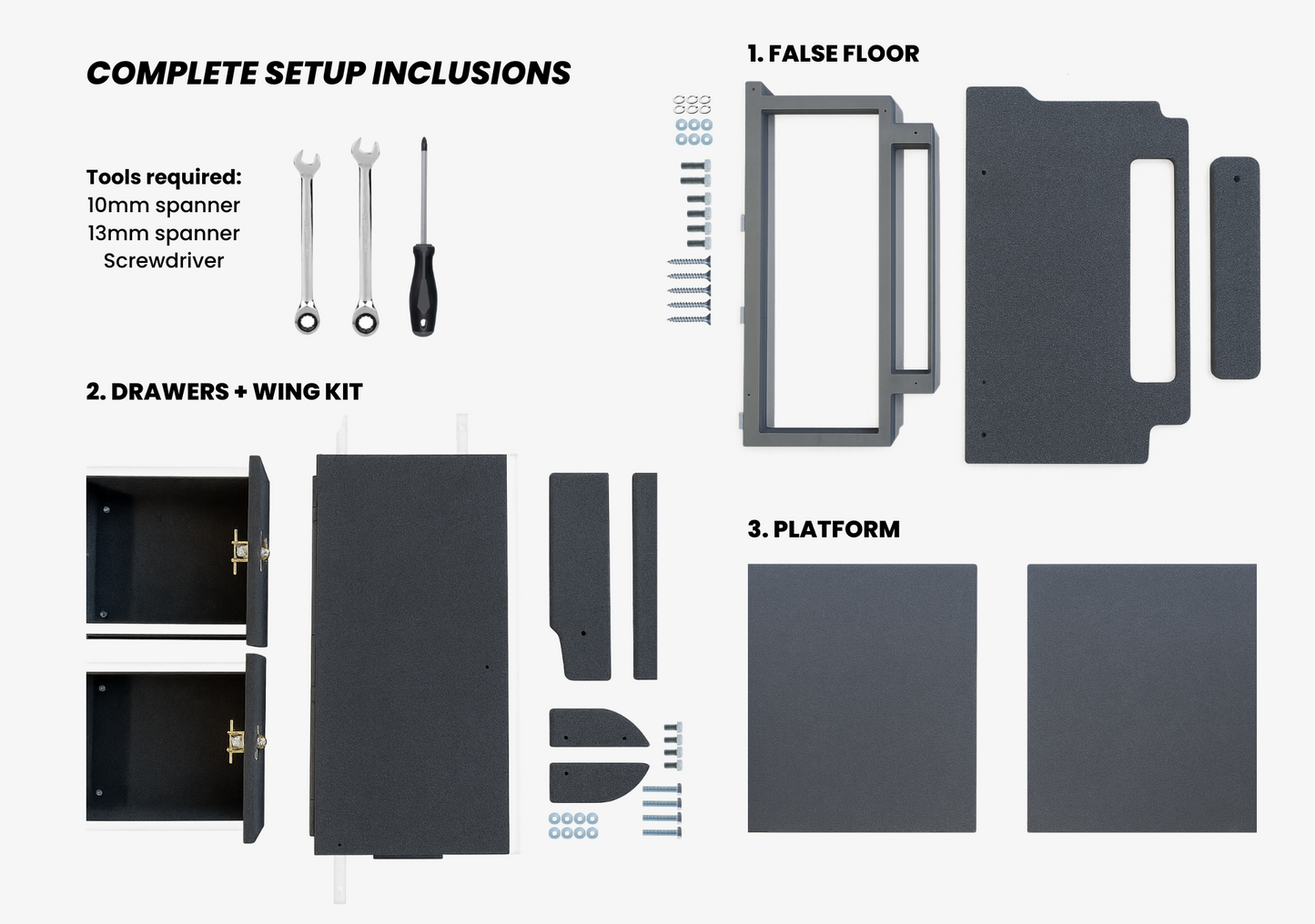 Complete setup inclusions for jimny xl drawer system including false floor, drawers with wing kit, platform, and required tools