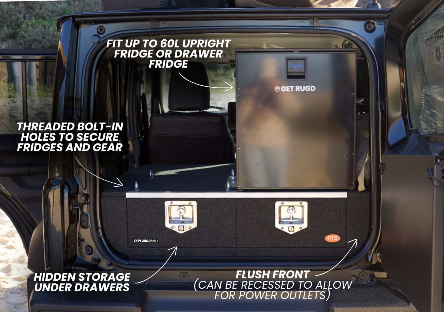 EXPLOREJIMNY Jimny XL drawer system installed in vehicle with hidden storage and fridge space