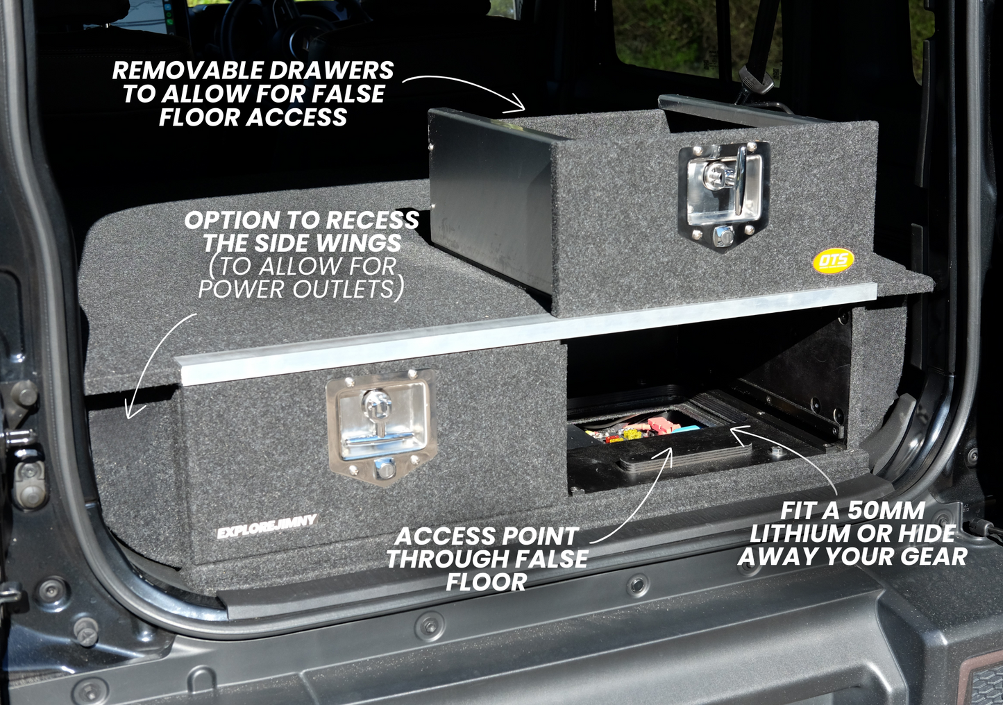 EXPLOREJIMNY Jimny XL drawer system installed in vehicle with removable drawers and false floor access