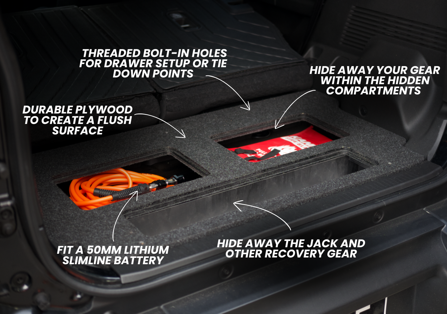 EXPLOREJIMNY jimny xl storage system installed in vehicle with hidden compartments and durable plywood surface