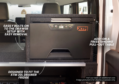 Suzuki Jimny XL 30L drawer fridge surround installed in vehicle with pull-out table and easy bolt-on setup