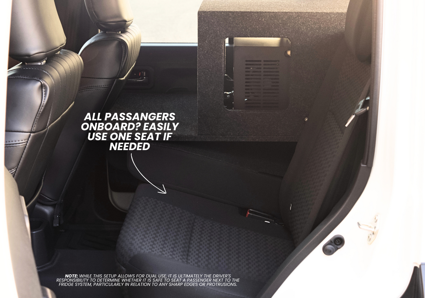 Suzuki Jimny XL 30L drawer fridge surround installed in rear seat area allowing use of one seat if needed