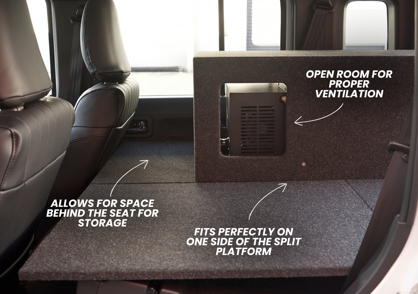Suzuki Jimny XL 30L drawer fridge surround installed on split platform with storage space and ventilation