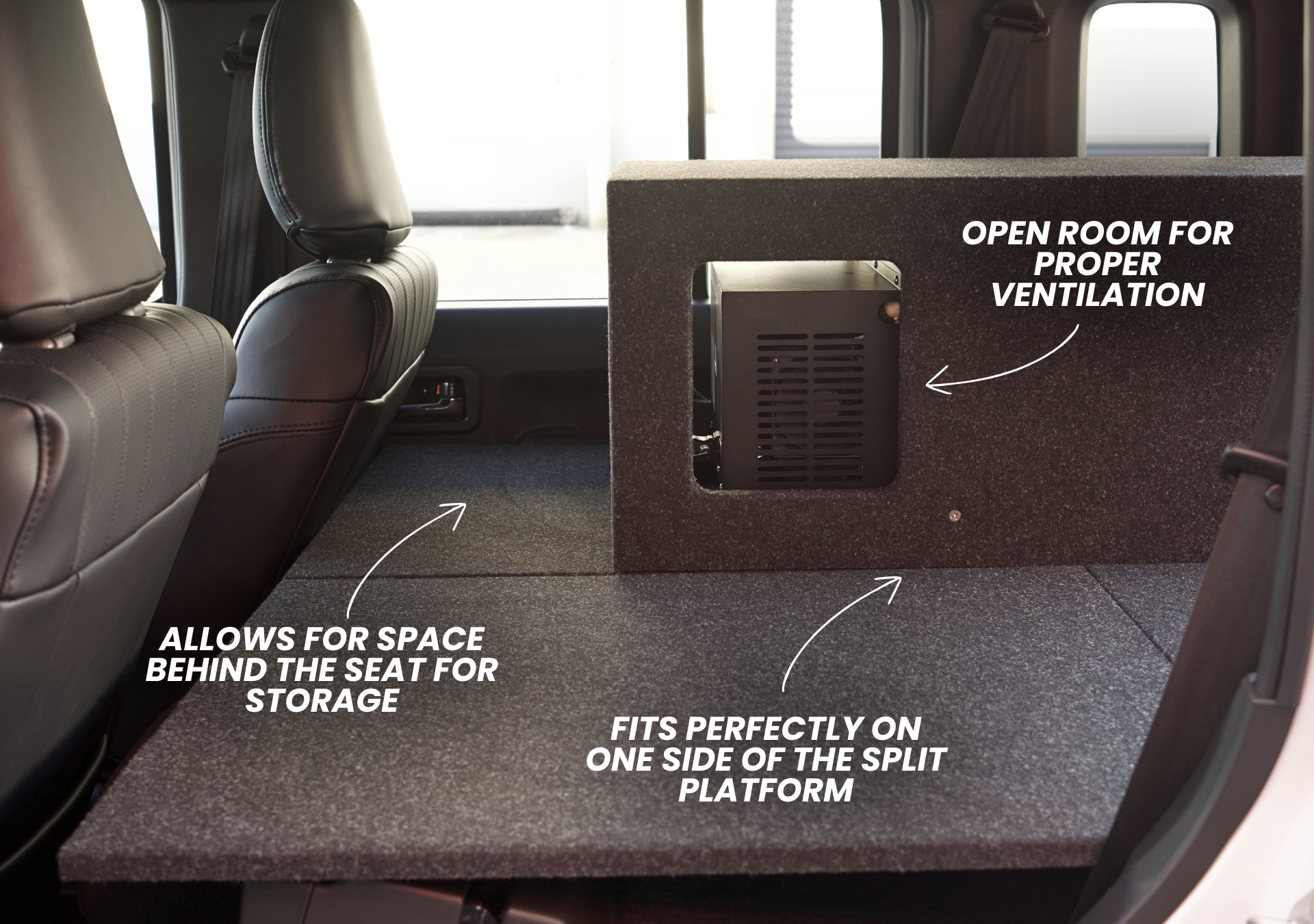 Suzuki Jimny XL 30L drawer fridge surround installed on split platform with storage space and ventilation